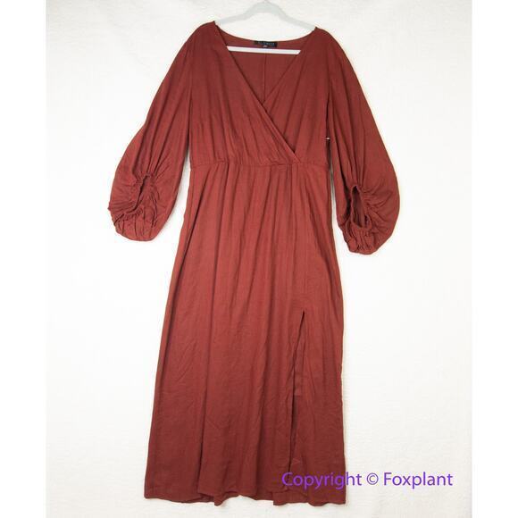 New! Eloquii linen blend Rust Orange Maxi Peasant Dress‎ Balloon Sleeve size 16 - Picture 2 of 16